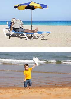 news montage: man reading a paper at the beach; boy playing with newspaper airplane at the beach