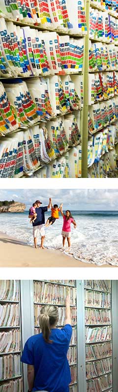 montage of images of medical records and a family at the beach