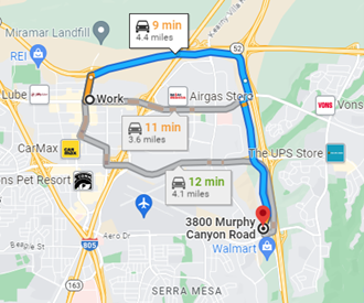 map of route from old to new Genesee Medical Group office building on Murphy Canyon Road in San Diego